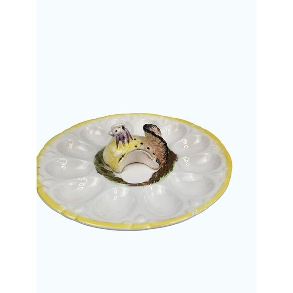 Chicken Deviled Egg Plate With 12 Egg Slots & Yellow Trim Easter Holiday Summer - Picture 10 of 12